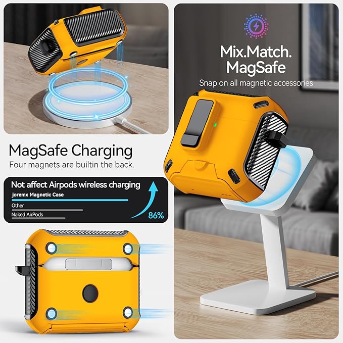 for AirPods 4 Case (2024) with Phone Stand,（with Automatic Snap Switch） Carbon Fiber Design Protection Cover with Cleaning Pen,Yellow