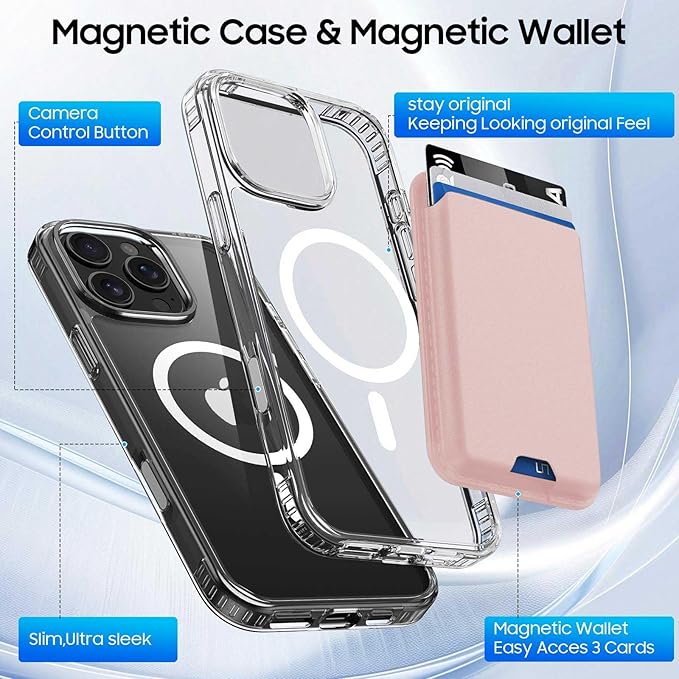 Magnetic for iPhone 16 Pro Max Clear Case with Pink Detachable Wallet, Compatible with MagSafe, Credit Card Holder with Slim Shockproof Protective Phone Cover