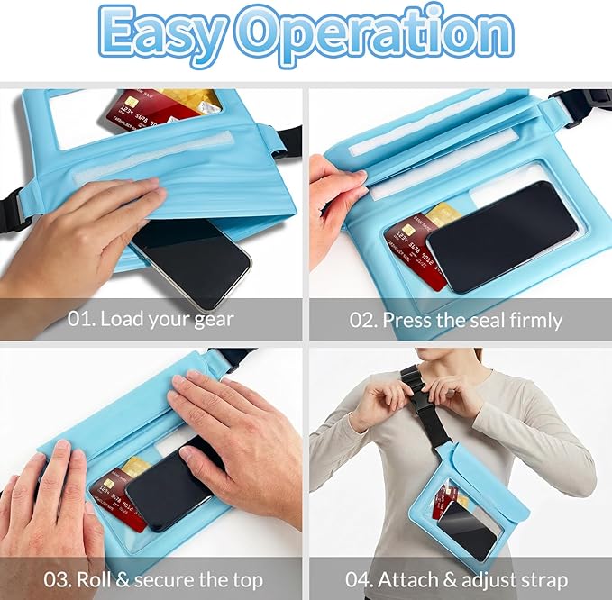 Waterproof Pouch Bag Set IPX8 2 Pcs: Blue Water Proof Fanny Pack 9.8" with Clear Window & Black Waterproof Phone Case 7" Phone Pouch, Floating Belt Bag with Crossbody Waist Strap, Cruise Essentials