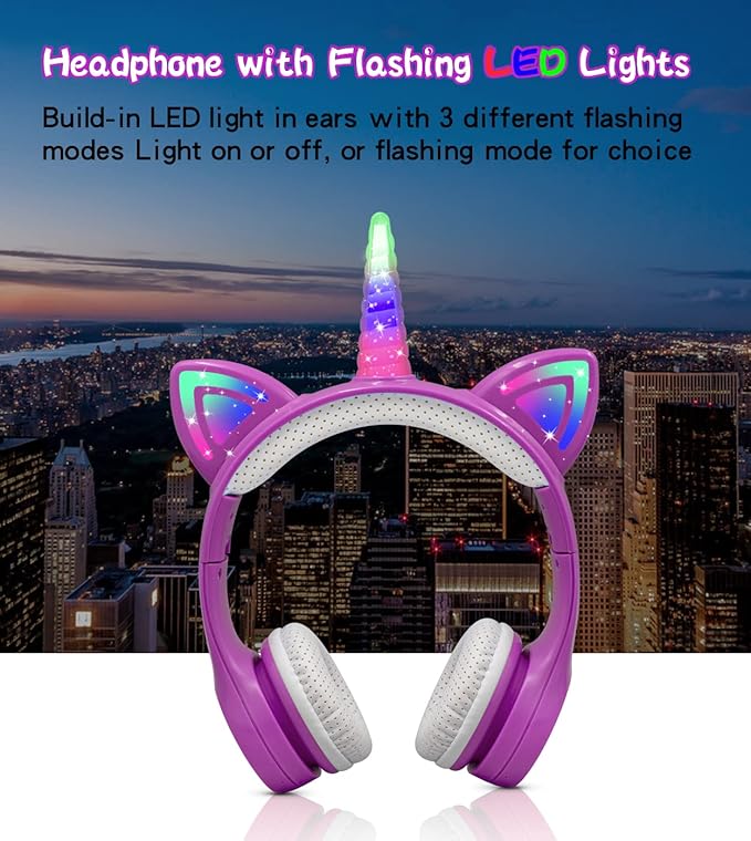 Unicorn Kids Headphones, Unicorn Bluetooth Headphone Foldable for Girls Boys Toddlers Tablet School Travel,Light Up Kids Wireless Headphone Birthday Gifts (Dark Purple)