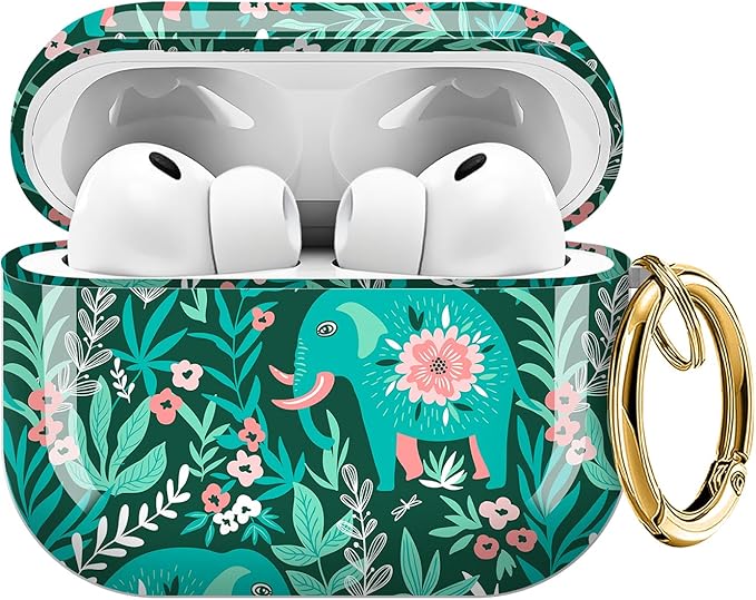 Case for AirPod Pro 3 Shock-Proof Protective Hard Case with Golden Keychain Compatible with Apple Airpods Pro 3rd Generation 2025 (Boho Tropical Floral Elephants)