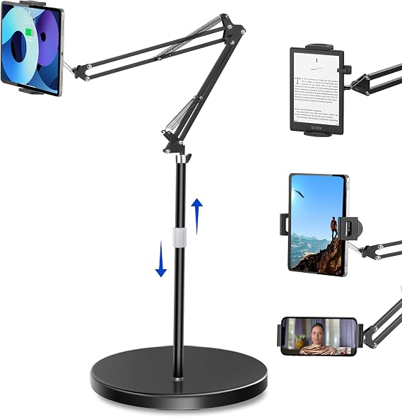 Tablet Floor Stand with 12lb Stable Base Overhead Bed Ipad Phone Holder Mount with Adjustable Height Stretchable Arm for 4.5-13in iPad Pro Air Mini 12.9/9.7, Kindle, Galaxy Tab, CellPhones