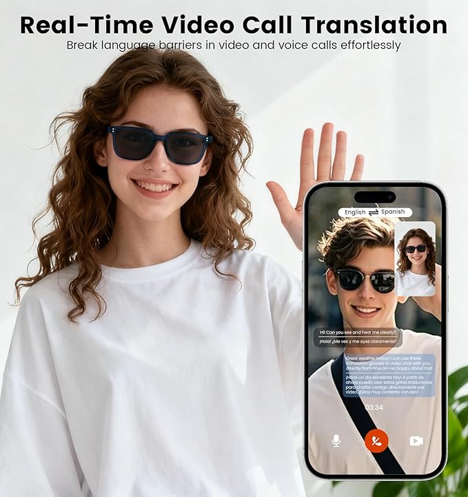 AI Translation Smart Glasses with Chat GPT for Men& Women, Bluetooth 5.4 Sunglasses with Translator 100 Languages& Accents,Multifunctional Outdoor UV Protection Glasses for Travel Trade Business-Gray