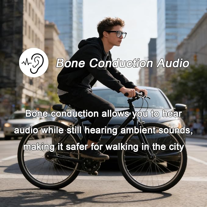Bluetooth Smart Glasses with Camera for Sports/Cycling/Running, Bone-Conduction Music Glasses, Intelligent Voice Navigation, Anti-Blue Light Glasses（Black