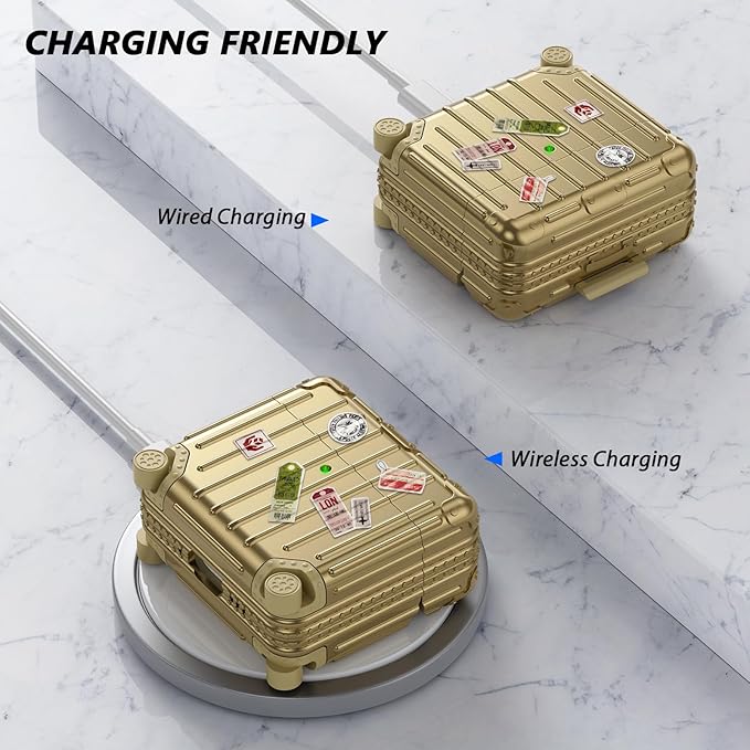 Filoto Compatible with Airpods 4 Case, Cute Fashion Suitcase Design for Airpods 4th Generation Case Cover, Shockproof Protective Hard Case with Keychain/Cleaner Kit (Gold, Airpods 4 Case)
