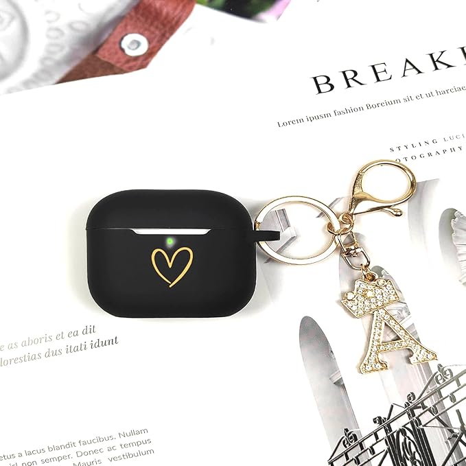 Compatible with AirPods Pro 3 Case Cover (2025), Soft Silicone Case with Gold Heart Pattern for AirPods Pro 3rd Generation Case with Rhinestone Studded Letter A-Z Keychain (A Black)