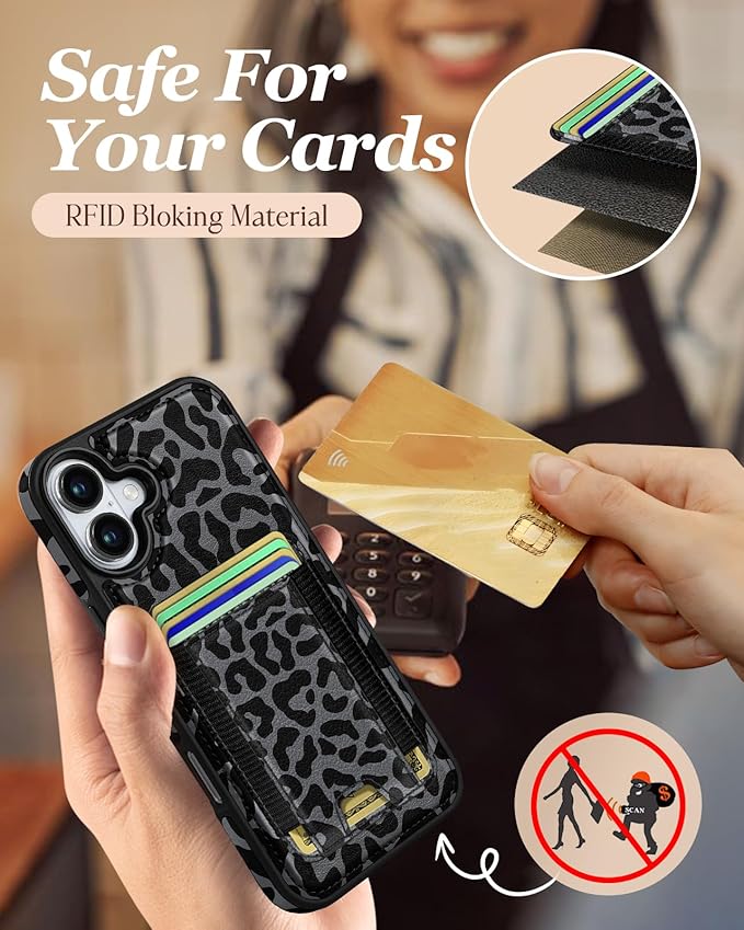 Shorogyt for iPhone 17 Wallet Case - Fits 5 Cards, Compatible with Magsafe Detachable Magnetic Credit Card Holder Leather Cardholder Cute Phone Cover Women Girls for Apple 17, Leopard
