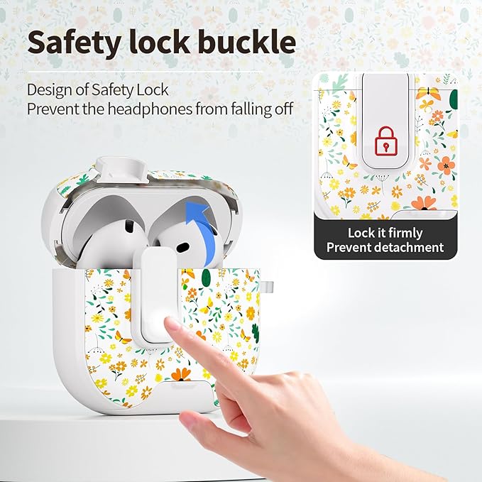 for AirPods 4 Case with Secure Lock Clip in Phone Stand,Floral Girly Style Protective Cover with Cleaning Kit and Hand Strap for Apple AirPod 4 Generation (Four-Leaf Clover)