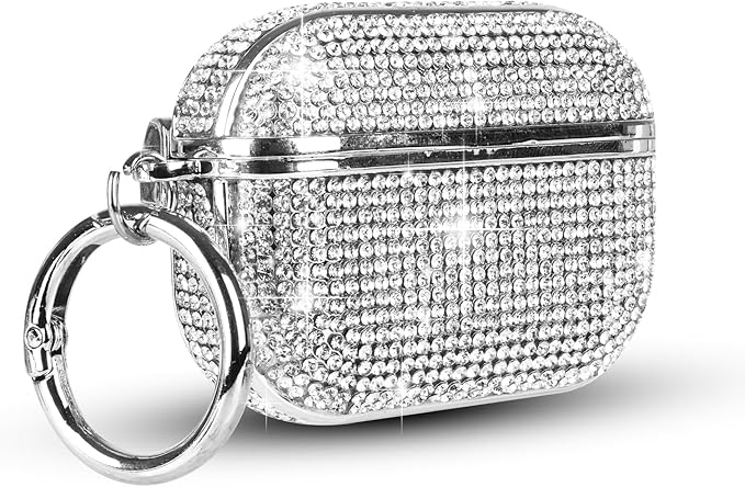 LUVI Compatible with AirPods Pro (2019) Diamond Case Rhinestone Bling Glitter Crystal Shiny Sparkle Cute Protective Shockproof Cover for Women Girls Luxury Skin with Keychain Silver