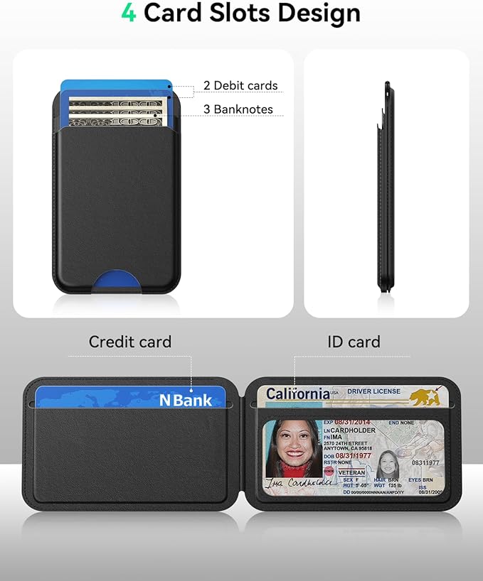 for MagSafe Wallet with Stand, 5 Card Holder, Slim Leather Magnetic Wallet for iPhone 17/16/15/14/13/12 Pro Max Plus Air Series, 3 Card Slots & 1 Cash Slot,Black