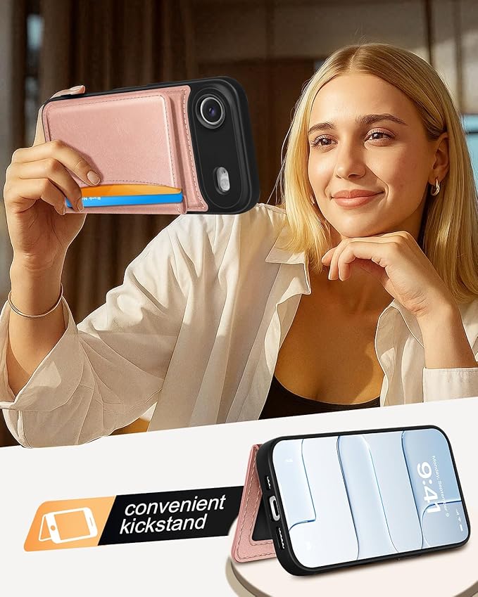 for iPhone 17 Air Case with Wallet - Fits 4 Card Slots, Compatible with MagSafe for Women Aesthetic Durable PU Leather Credit Card Holder Kickstand Phone Cover for Apple 17 Air, Rose Gold