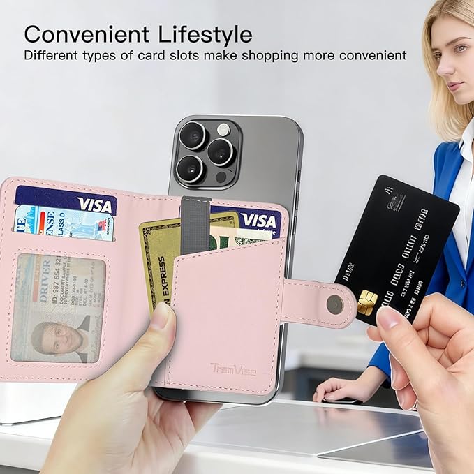 for MagSafe Card Holder for iPhone 17/16/15/14/13/ Pro/Max/Plus with Strap Stand RFID Blocking ID Window Hold 5 Cards,Leather Magnetic Phone Wallet for MagSafe Phones and Cases,Leather Pink