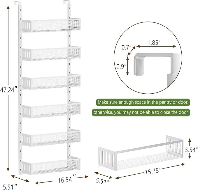 6-Tier Over The Door Pantry Organizer with Mesh Baskets, Adjustable & Stable Hanging Spice Rack for Kitchen, Bathroom, Bedroom, and Baby Essentials Storage (16" W 6-Tiers, White)