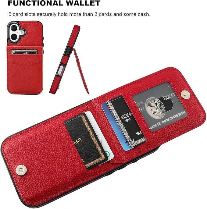 KIHUWEY Compatible with iPhone 17 Case Wallet with Credit Card Holder, Flip Premium Leather Magnetic Clasp Kickstand Heavy Duty Protective Cover for iPhone 17 6.3 Inch (Lichee Red)