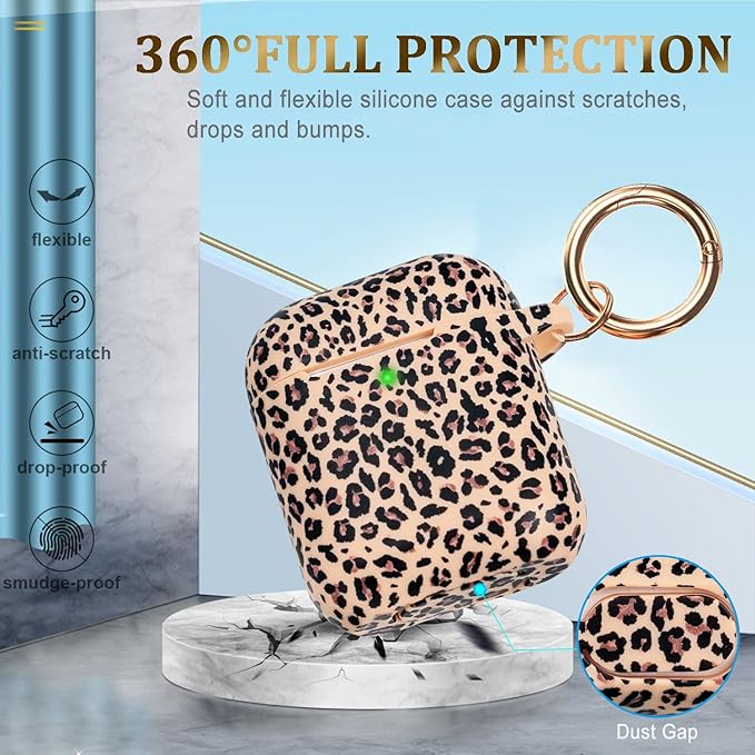Cheetah Silicone Case Compatible with Airpods Case, Gawnock Soft Earpod Case Cover Flexible Compatible with Airpods 2nd/1st Generation Floral Print Cover for Women Girls with Keychain - Khaki Leopard