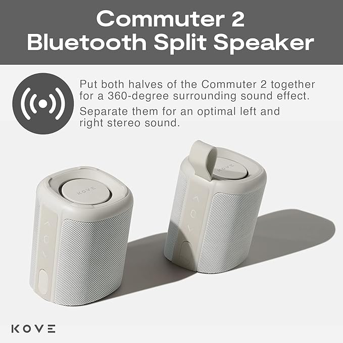 KOVE Commuter 2 Portable Speaker - Stone Bluetooth Speakers, Wireless with HD Louder Volume, Deep Bass Subwoofer, Microphone, IPX7 Water Resistant - Perfect Boom Box for Home, Outdoor or Travel