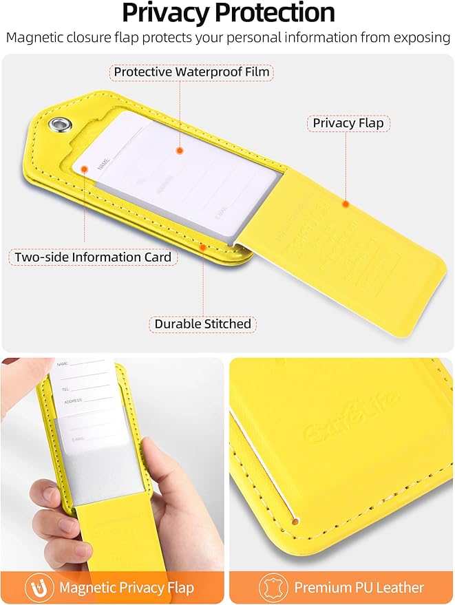 Luggage Tags, Works with Apple Find My, Leather Luggage Tag for Suitcases, Travel Tags, Bag Tag, Suitcase Tag with Privacy Flap, Anti-Lost Smart Luggage Tracker, Travel Essentials, Yellow