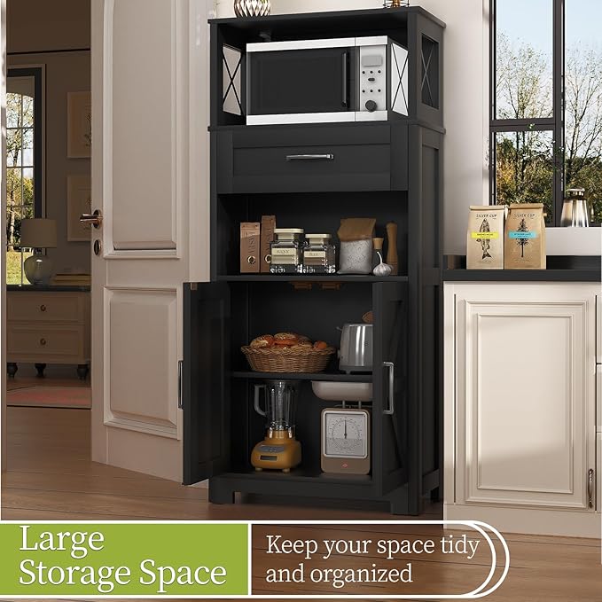 55" Tall Kitchen Pantry Cabient with 2 Microwave Stands, Farmhouse Pantry Storage Cabinet with Barn Doors and Large Drawer, Rustic Freestanding Cupboard for Kitchen and Dining Room (Black)