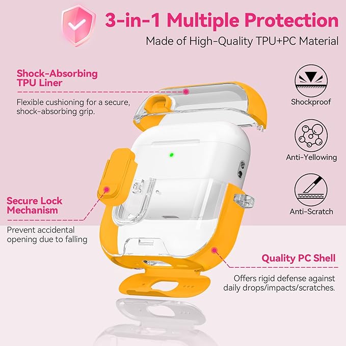 for Airpods Pro 3 Case 2025, Anti-Yellowing Clear Case for Airpods Pro 3 with Secure Lock & Phone Stand, Soft TPU Drop Protection Cover with Cleaning Kit (Yellow)