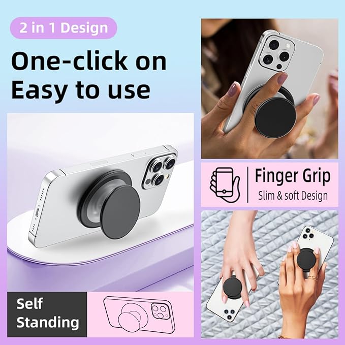 for Magsafe Phone Grip, Magnetic Phone Grip Holder, Magnetic Collapsible Expandible Mobile Phone Grips Stand Holder for iPhone 17 16 15 14 13 12 Series, Transparent White
