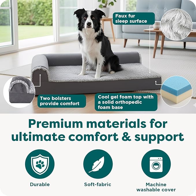 FurHaven Cooling Gel Dog Bed for Medium/Large Dogs, L-Shaped Chaise with Cool Gel-Top Foam & Solid Orthopedic Foam Base for Joint Support, Washable Cover, Large, Plush & Suede, Stone Gray