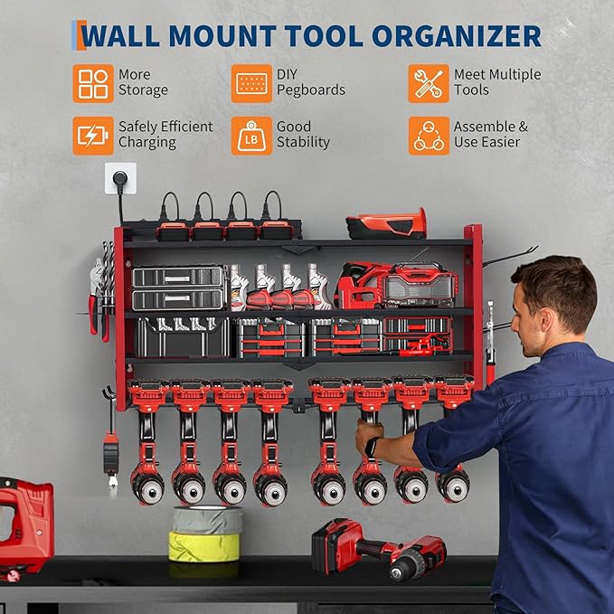 Power Tool Organizer, Drill Holder Wall Mount with Charging Station, Heavy Duty 4-Layer Garage Rack Metal Loads 400Lbs, 8 Drill Storage Shelf with Hooks, Drill Bit Shelf Battery Storage for Garage