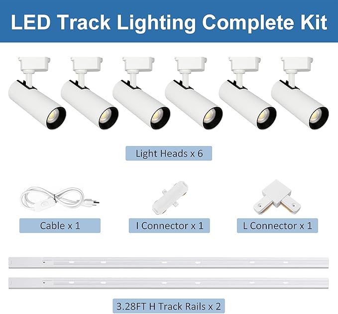 Ultra-Bright 25W 2000lm J&L Type LED Track Lighting System，6000K Cool Light Dimmable Brightness，with 6.5 FT Track Rails and Ceiling Spotlight Fixture Installation Package
