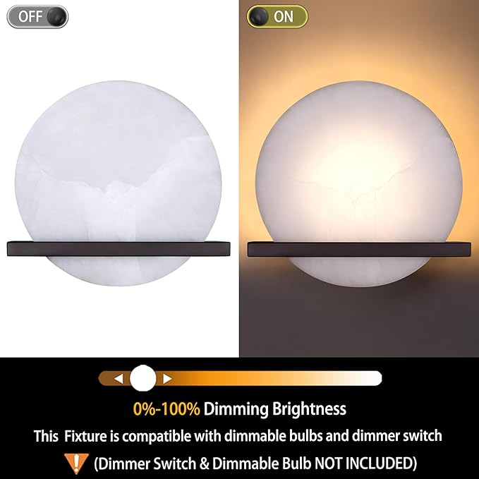 2 Pack 1 Light 8" Round Natural Alabaster Bathroom Wall Sconce Modern Concise Style Wall Light Fixture,Oil Rubbed Bronze Finish for Bedroom Hallway Bedside Living Room