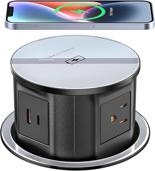 XBA Pop Up Outlet for Countertop with 20W USB C, Recessed Power Strip 4-3/4'' Hidden Outlet with 15W Wireless Charger Electrical Power Socket with 4 AC Plug and 1 USB-A Port for Kitchen(Black)