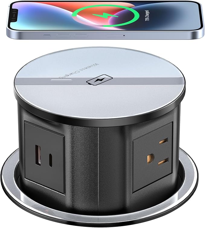 XBA Pop Up Outlet for Countertop with 20W USB C, Recessed Power Strip 4-3/4'' Hidden Outlet with 15W Wireless Charger Electrical Power Socket with 4 AC Plug and 1 USB-A Port for Kitchen(Black)