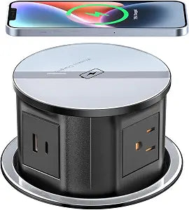 XBA Pop Up Outlet for Countertop with 20W USB C, Recessed Power Strip 4-3/4'' Hidden Outlet with 15W Wireless Charger Electrical Power Socket with 4 AC Plug and 1 USB-A Port for Kitchen(Black)