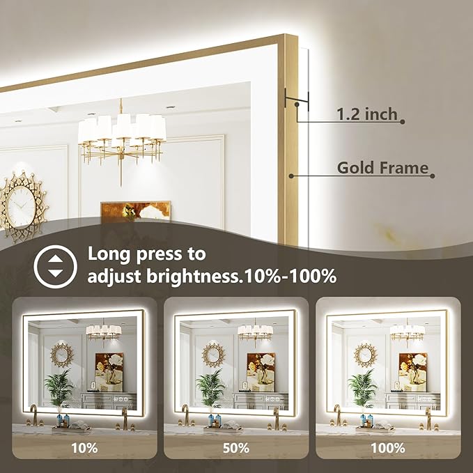 48x40 Inch LED Bathroom Mirror with Lights (Front Lit and Backlit) Gold Framed Lighted Vanity Mirror for Bathroom Wall Dimmable Anti-Fog Memory Tempered Glass Horizontal/Vertical
