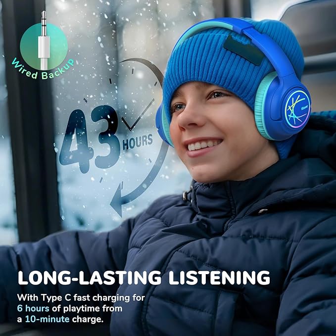 iClever Kids Bluetooth Headphones with LED Lights, 43H Playtime, Type-C Fast Charging, BTH18 Safe Volume 74/85dBA, Bluetooth5.3,Toddler Headphones Aux Cord for iPad/Tablet/Travel/School, Blue