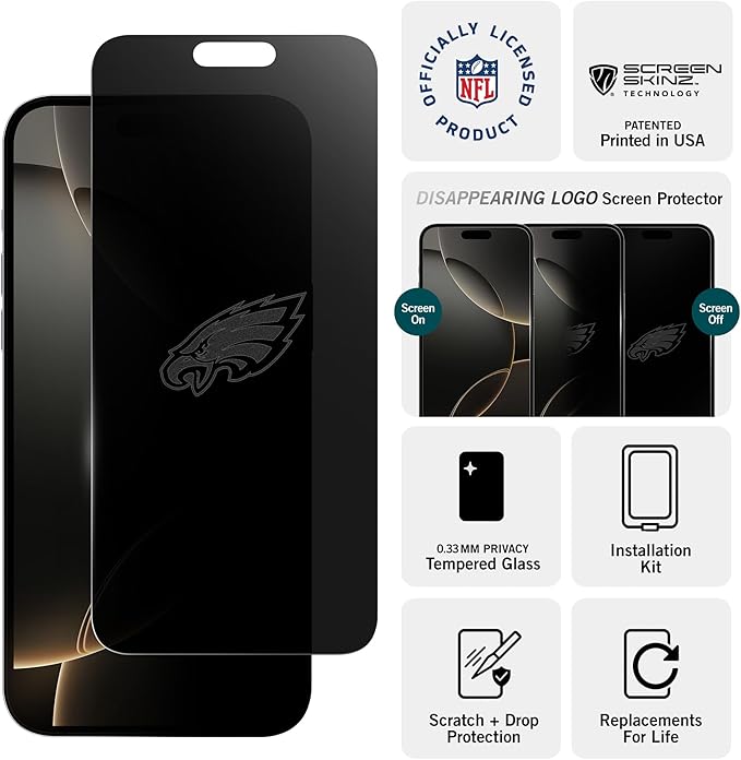 NFL Philadelphia Eagles Privacy Screen for iPhone 14 Pro Max - with Disappearing Logo - Scratch-Resistant and Easy-to-Install Screen Protectors (Includes Installation Tray)