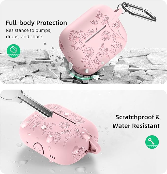 Lerobo Flower Engraved Cover for Airpods Pro Case 2nd 1st Generation Case USB C, Soft Silicone Full Protective Cover Compatible with Apple AirPod Pro/Pro 2 Case, Front LED Visible, Pink