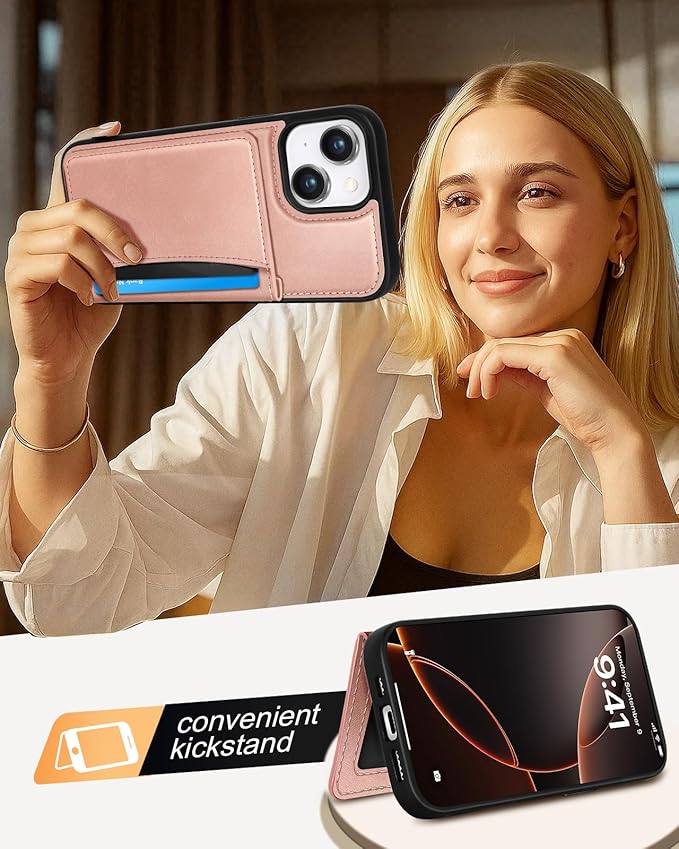 for iPhone 14 Plus Case with Wallet - Fits 4 Card Slots, Compatible with MagSafe for Women Aesthetic Durable PU Leather Credit Card Holder Kickstand Phone Cover for Apple 14 Plus, Rose Gold