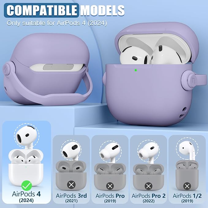 with Safety Lock for Airpods 4 Case, TPU Case for Apple Airpods 4 Case 2024 USB-C with Cleaner Kit, Drop Protection Airpods 4 Case Cover with Lock and Keychain, Fantasy Purple