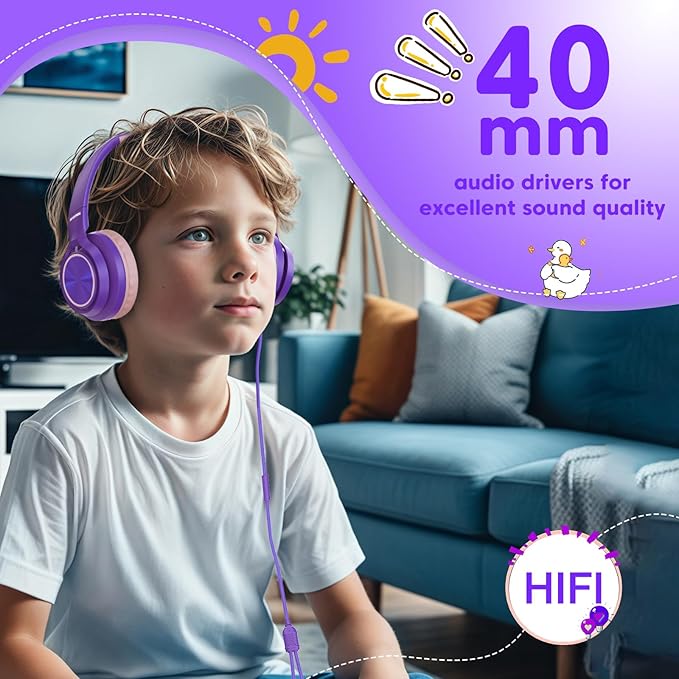 Kids Headphones with 3.5mm & USB C Wired Headphones, USB C Headphones Kids for School, Lightweight On-Ear Headphones Built-in Mic & Safe Volume Limited for classroom/Girls/Boys/Travel/Tablets(Purple)