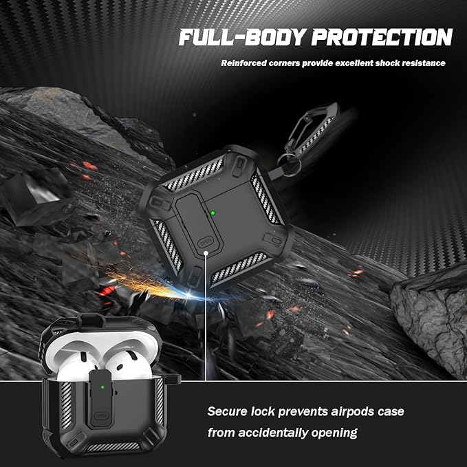 RFUNGUANGO for AirPods 4th Generation Case, Compatible with AirPods 4th Generation Case (2024), Locking Function, Military-Grade Drop Protection, with Cleaning Kit-Black