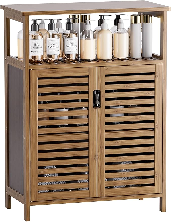 HITNET Walnut Bathroom Floor Cabinet, Bamboo Side Tall Storage Organizer, Freestanding Kitchen Cupboard with Door and Shelf