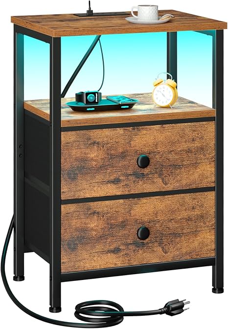 LOAKEKEL Night Stand, LED Nightstand with Charging Station