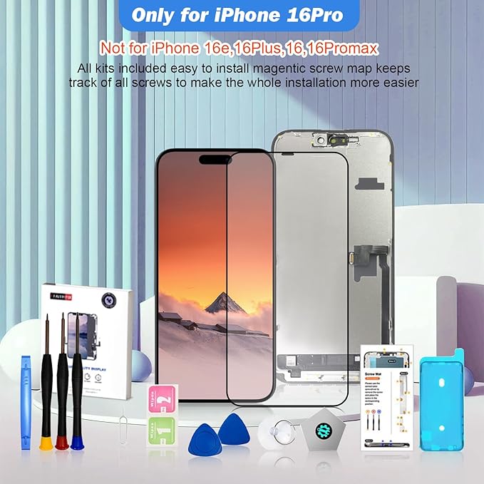 EFAITHFIX for iPhone 16 Pro Screen Replacement 6.3 Inch LCD COF 3D Touch Display Full HD Digitizer Frame Assembly (A3083,A3292,A3293,A3294) with Repair Tools Kit, Screen Protector, Waterproof Adhesive