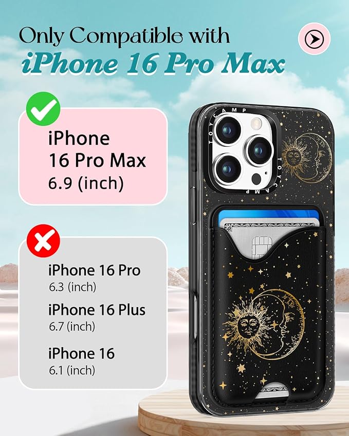 Toycamp for iPhone 16 Pro Max Case - Compatible with Magsafe Credit Card Holder Wallet Magnetic Cute Women Teen Girls Kawaii Girly Unique Sun Moon Design Phone Cover for Apple 16 Promax 6.7"