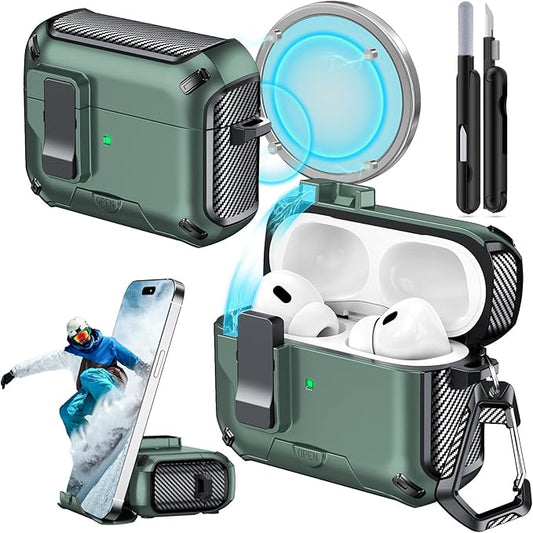 for AirPods Pro 2nd/1st Case (2023/2022/2019) with Phone Stand,（with Automatic Snap Switch） Carbon Fiber Design Protection Cover with Cleaning Pen,Light Green