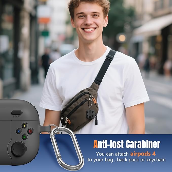 Getino Game Case for AirPods 4 2024 Cover with Cleaner Kit, Keychain, Compatible with Apple Airpods 4 Case Covers, Cute Funny Shock-Proof Protective Silicone AirPod 4 Cases for Men Boy-Black