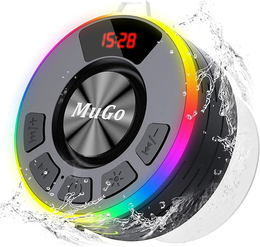 MuGo Bluetooth Shower Speaker, 360° HD Stereo Sound, IPX7 Waterproof Wireless Speaker Bluetooth 5.3 with RGB Lights, Suction Cup and Microphone, Small Shower Radio for Home/Party/Outdoor/Gifts