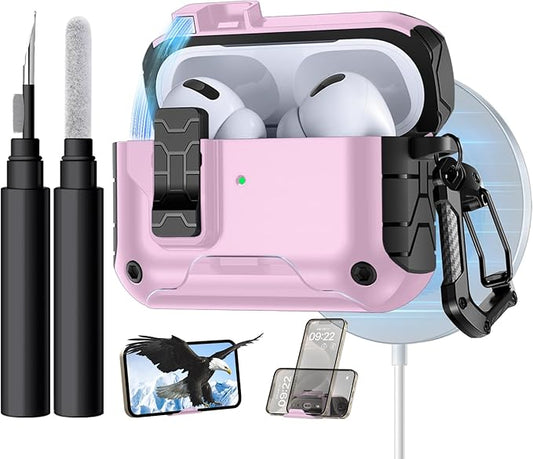 Lerobo for AirPods Pro 2 Case, Compatible with Apple AirPods Pro Case 1st/2nd Generation, Drop Protection Cover with Phone Stand & Cleaner Kit, Magnetic Automatic Lock, Compatible with Magsafe, Pink