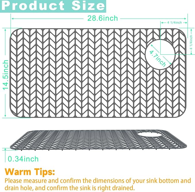 AWOKE Sink Protectors for Kitchen Sink,Kitchen Sink Protector Mat - 28.6" x 14.5" Heat-Resistant Silicone Folding Non-Slip Mat for Stainless Steel Sink with Right Drain (Grey)
