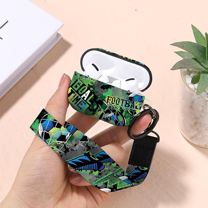 for Airpods Pro Case, Cute Cool Football Pattern TPU Soft Cases for Airpods Pro Case 1st Gen, Shockproof for Airpods Pro 2019 Case Men Women with Cleaner Kit & Keychain, Green