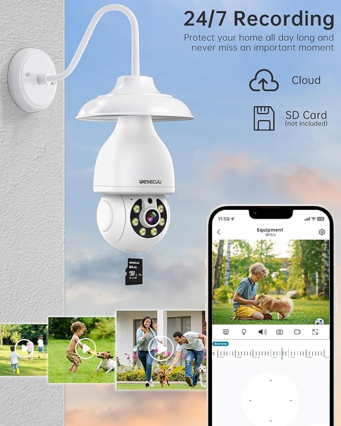 WESECUU Security Light Bulb Camera, 2K Light Bulb Security Camera Outdoor WiFi, 360° PTZ Light Socket Security Camera, Motion Detection Spotlight Siren, 24/7 Continuous Recording 2.4GHz